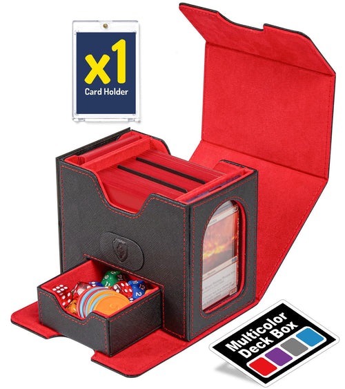 Fabmaker Deck Box for MTG Commander 4-in-1 Magic Card Storage Box Commander Display Fits 100 Double-Sleeved Cards Large Card Box for Magic the Gathering with 2 Divider & 35pt Holder Red