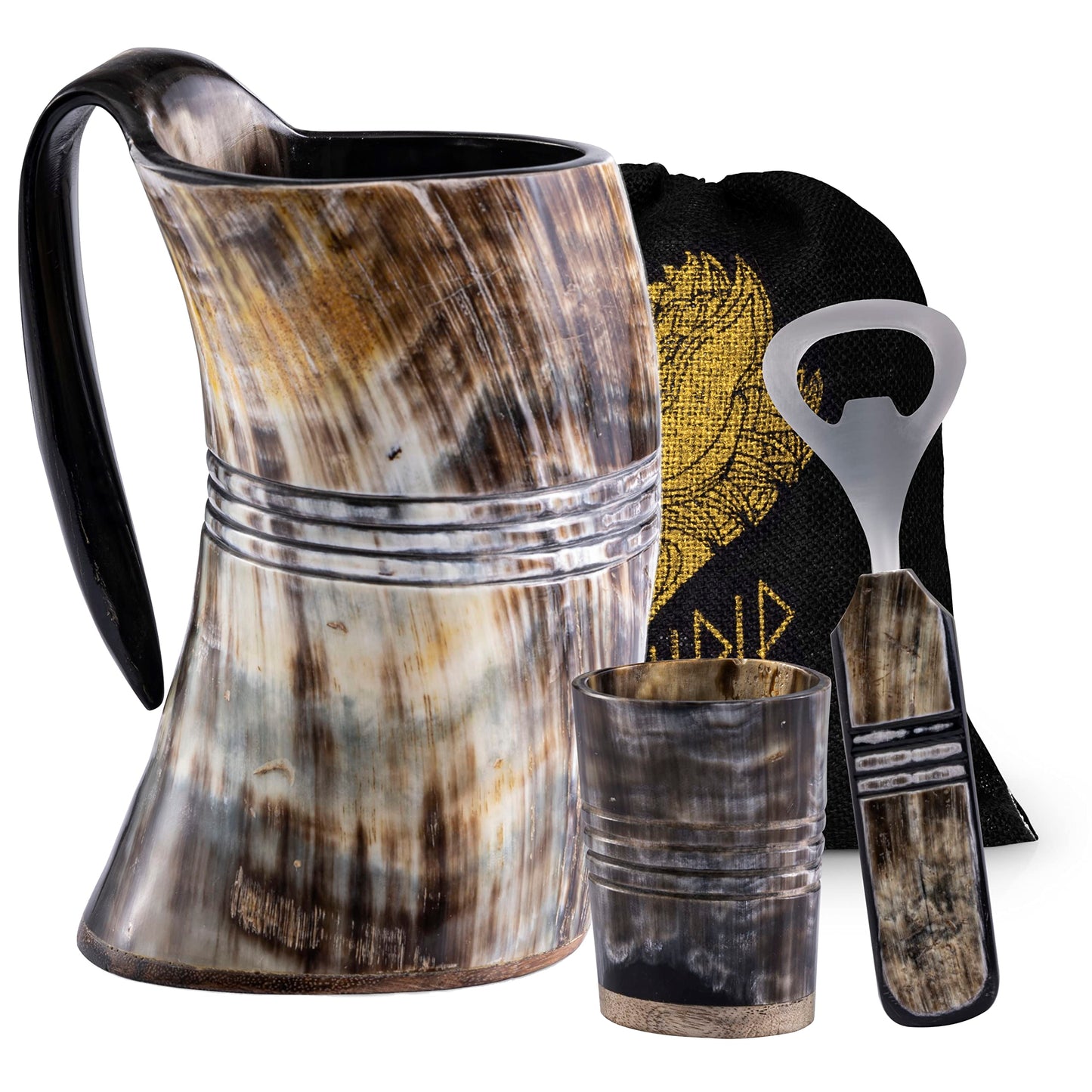 FENRIR Viking Drinking Horn Mug Set - 16 oz With Shot Glass | Viking Gifts for Men & Women | Bottle Opener | Unique Handmade | Norse Viking Horn Cup For Beer Ale Mead - The Ring Natural Polished