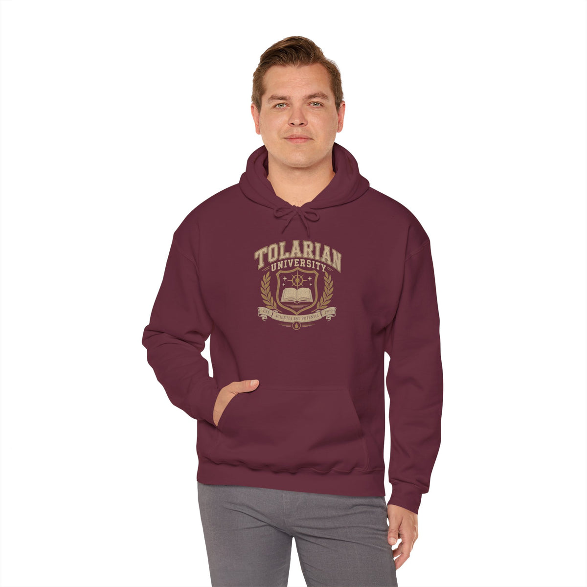 Tolarian University Hoodie — Vintage Magic School Crest Pullover