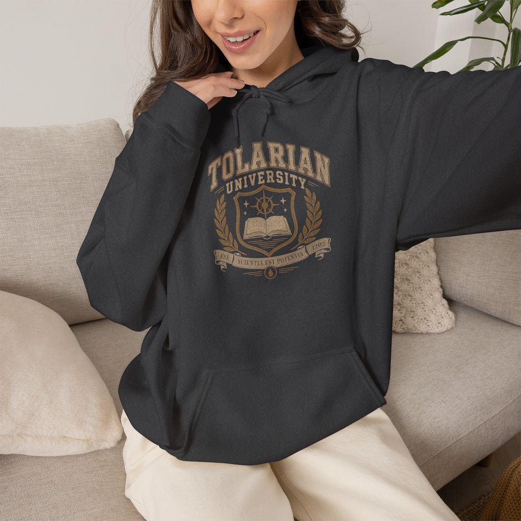 Tolarian University Hoodie — Vintage Magic School Crest Pullover