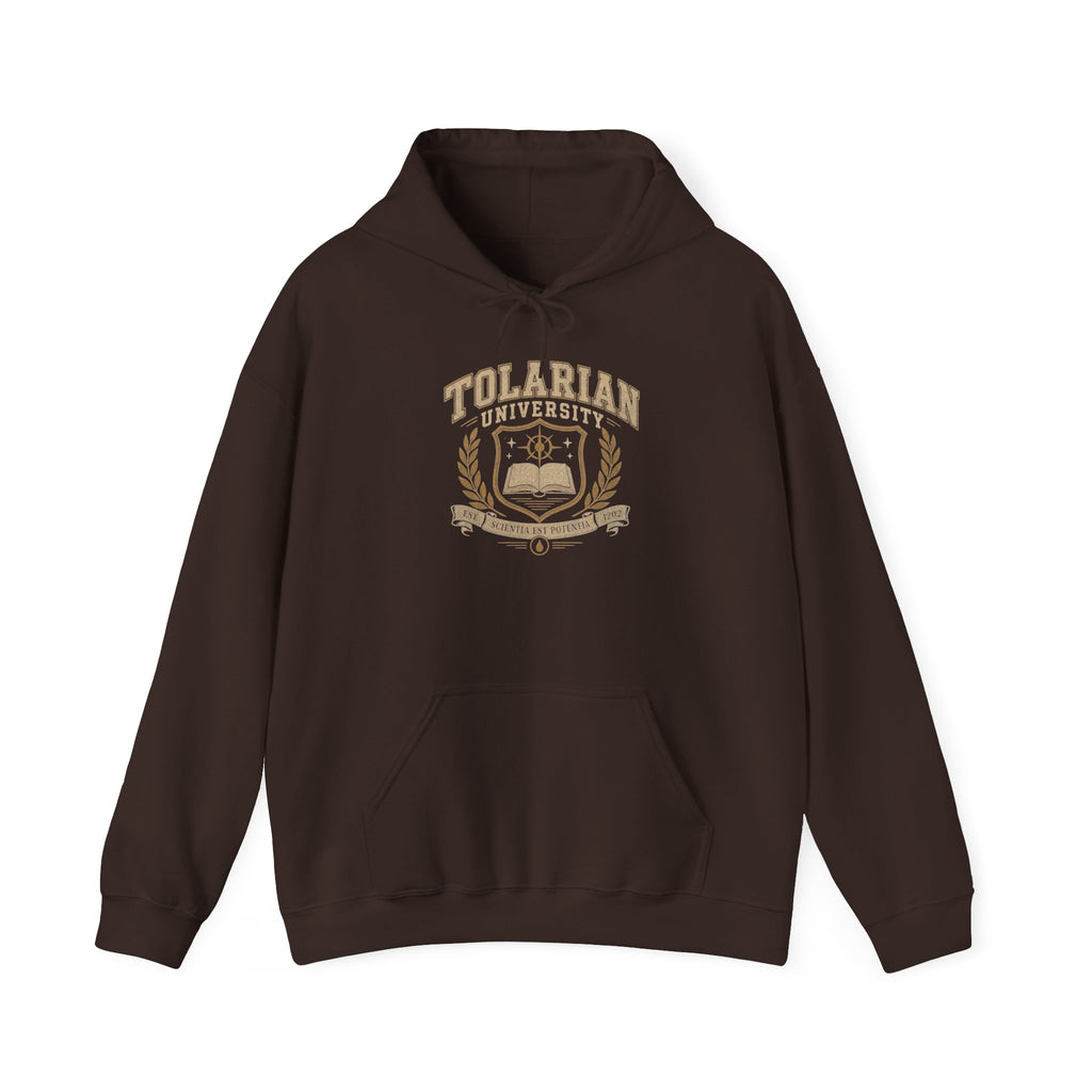 Tolarian University Hoodie — Vintage Magic School Crest Pullover