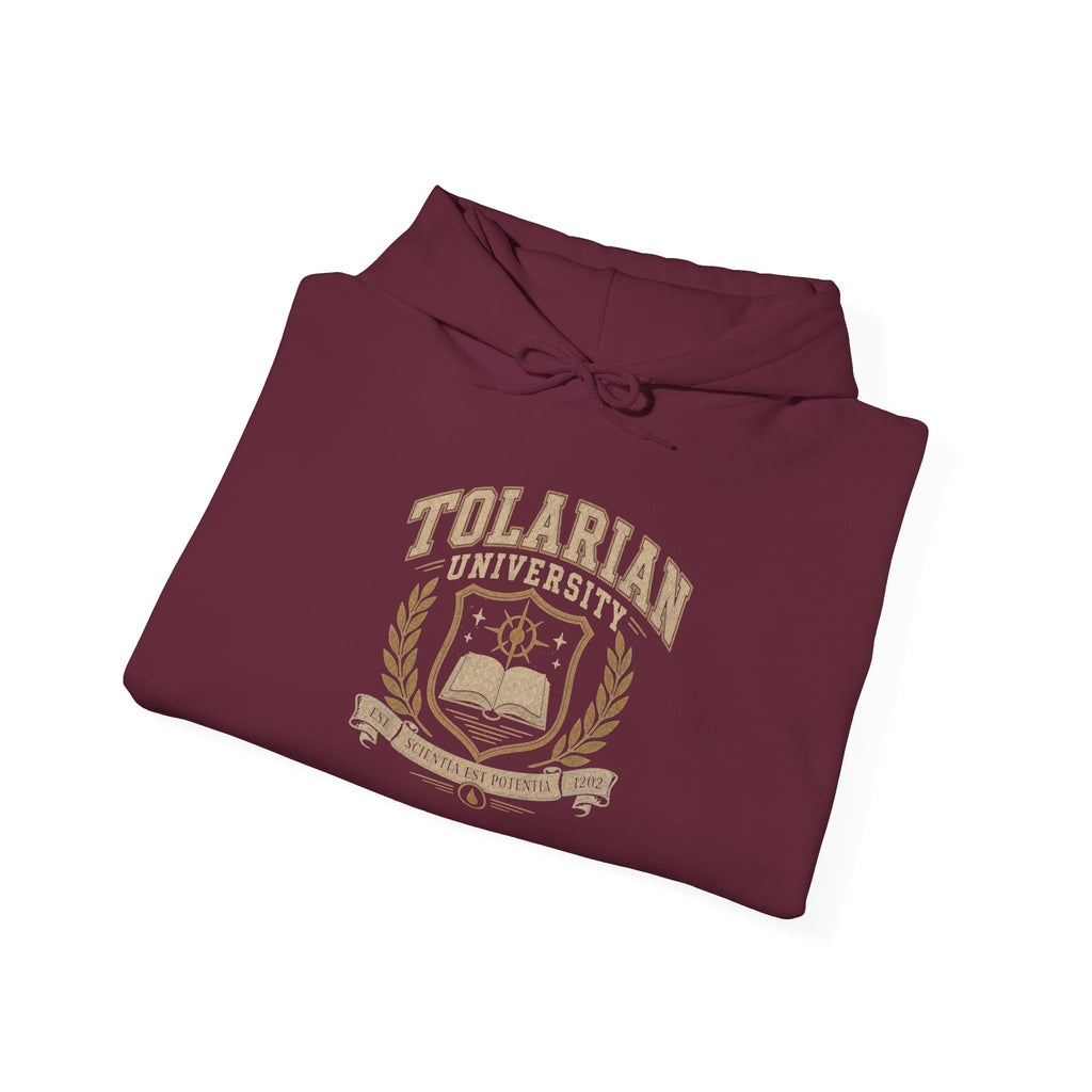 Tolarian University Hoodie — Vintage Magic School Crest Pullover