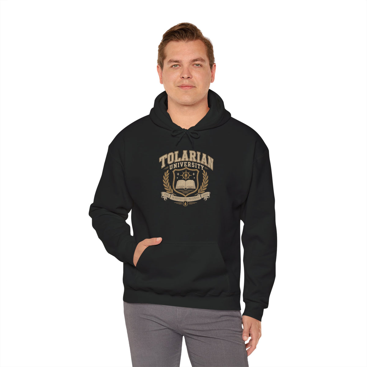 Tolarian University Hoodie — Vintage Magic School Crest Pullover