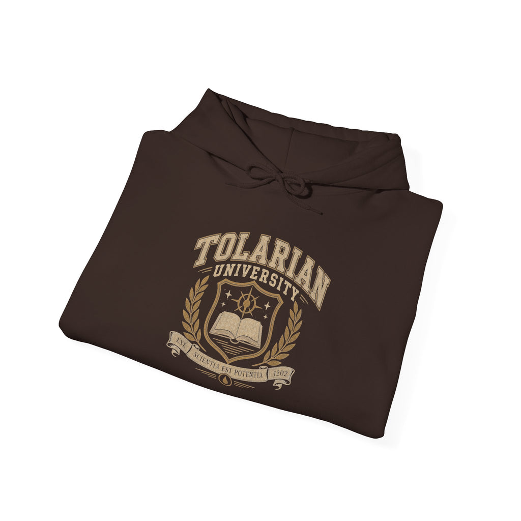Tolarian University Hoodie — Vintage Magic School Crest Pullover