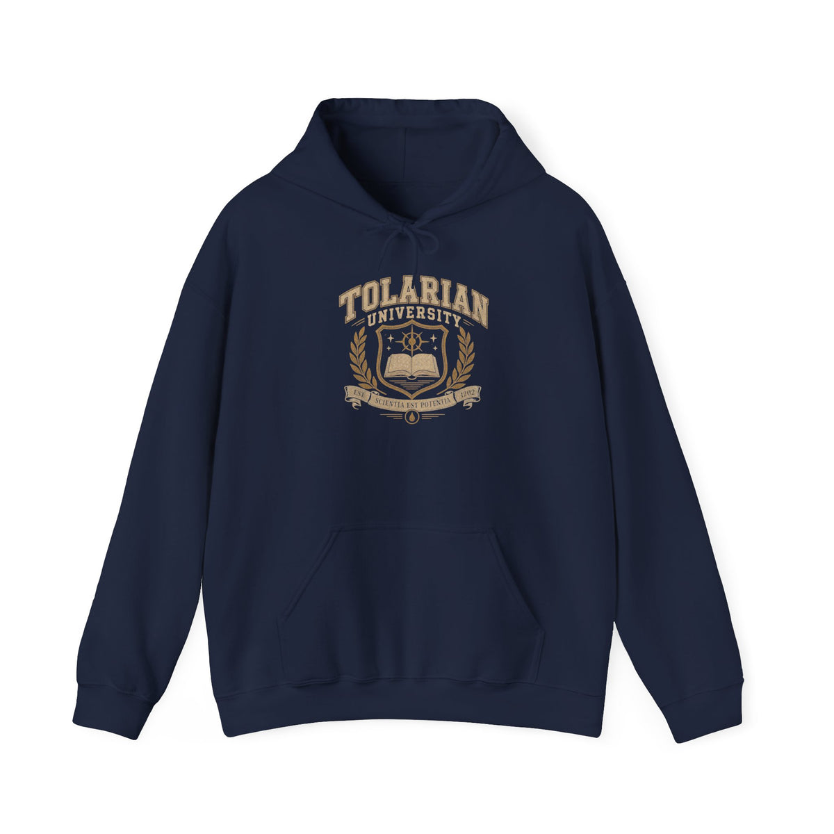Tolarian University Hoodie — Vintage Magic School Crest Pullover