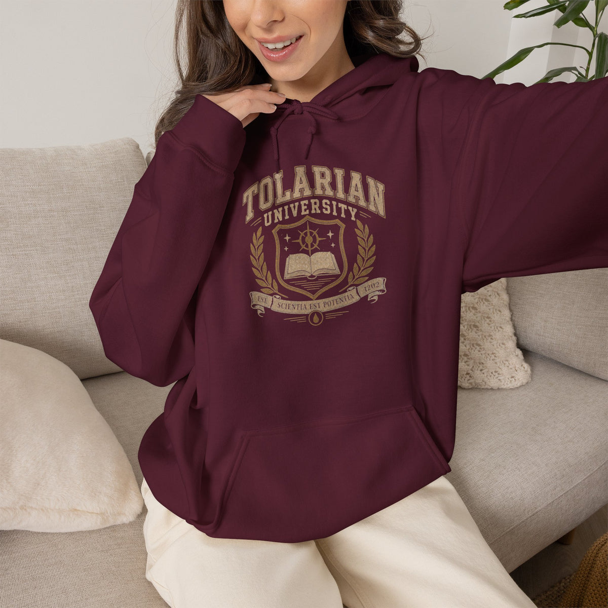 Tolarian University Hoodie — Vintage Magic School Crest Pullover