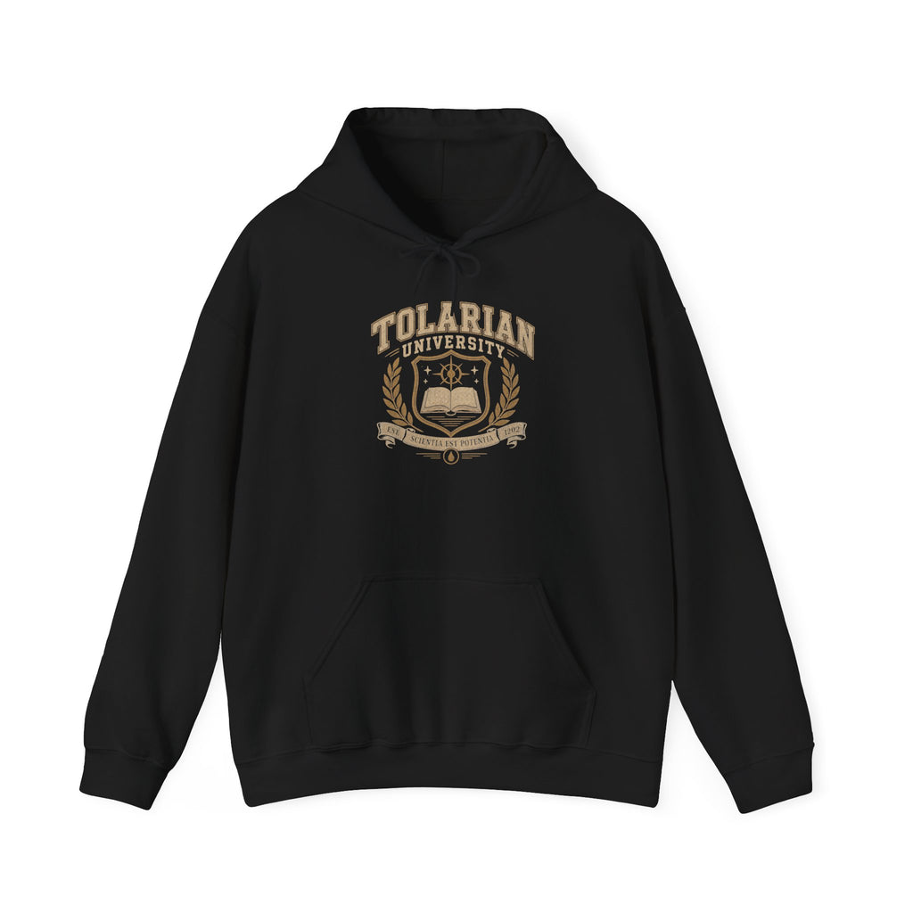 Tolarian University Hoodie — Vintage Magic School Crest Pullover