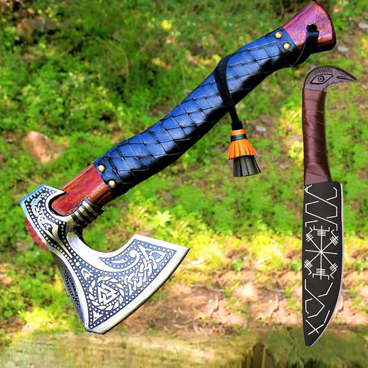 AFHZAM Viking Axe with Gift Viking Knife Sheath | HandForged Carbon Steel Camping Axes and Hatchets Viking Gifts for Men | Bearded Vikings Valhalla Axe (Ax-64)