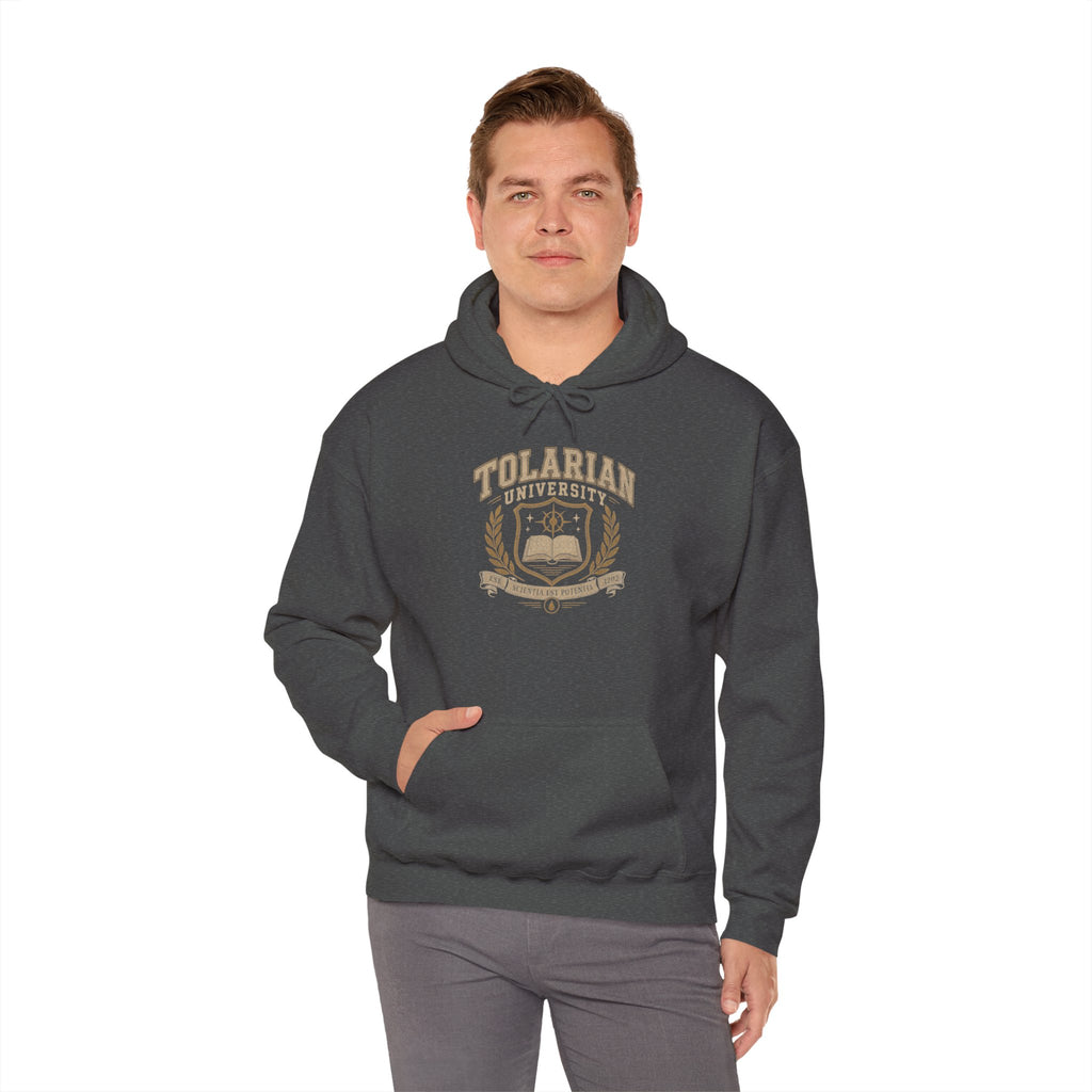 Tolarian University Hoodie — Vintage Magic School Crest Pullover