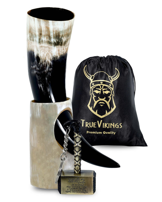 TRUE VIKING Drinking Horn | Viking Gifts for Men & Women | Thor Bottle Opener | 100% Handmade & Real Ox Horn | Norse Viking Horn Cup Perfect For Beer Ale Mead Whiskey (8-10 Oz) (Set of 1)