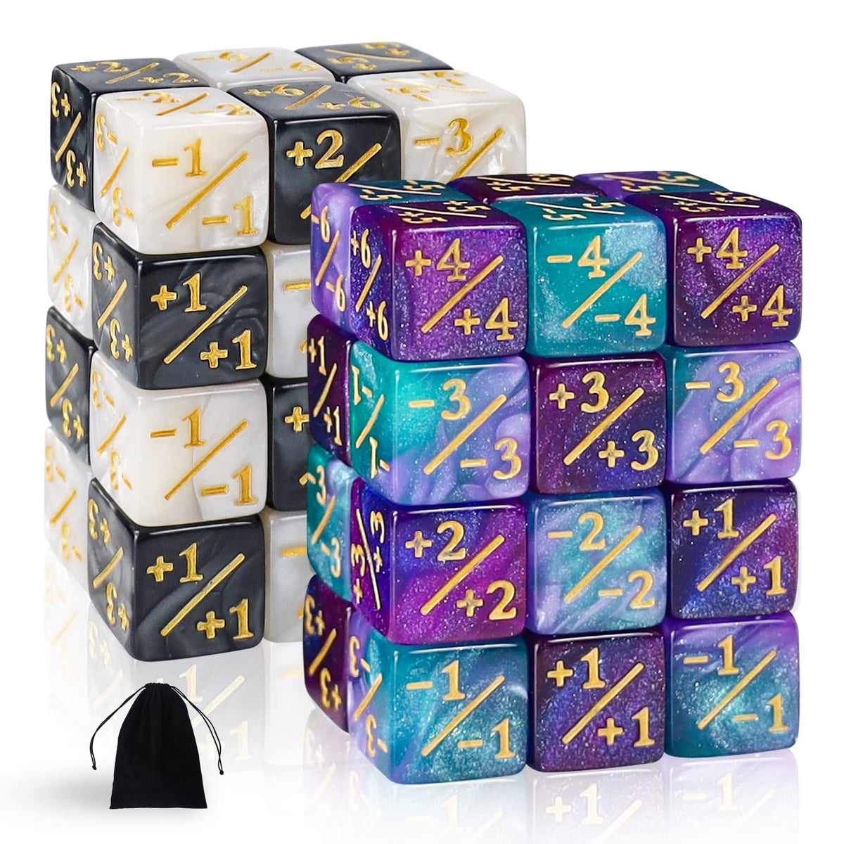 48 Pieces MTG Dice Counters Token Dice Magic The Gathering Glitter Sparkle Dice Loyalty Dice Starry Marble D6 Dice Cube Compatible with MTG CCG Card Gaming Accessory (Black White & Blue Purple)