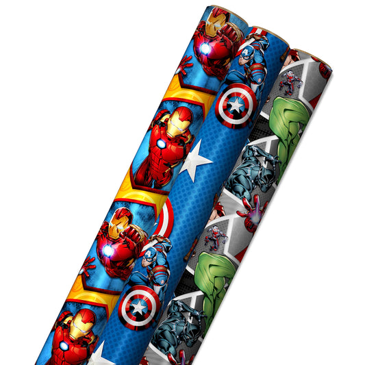 Hallmark Avengers Wrapping Paper with Cut Lines on The Reverse (3-Pack: 60 sq. ft. TTL) with Captain America Iron Man Black Widow Thor and Hulk for Birthdays Christmas Fathers Day and More