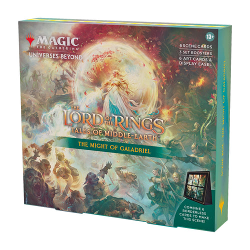 Magic The Gathering The Lord of The Rings: Tales of Middle-Earth Scene Box - The Might of Galadriel (6 Scene Cards 6 Art Cards 3 Set Boosters + Display Easel)