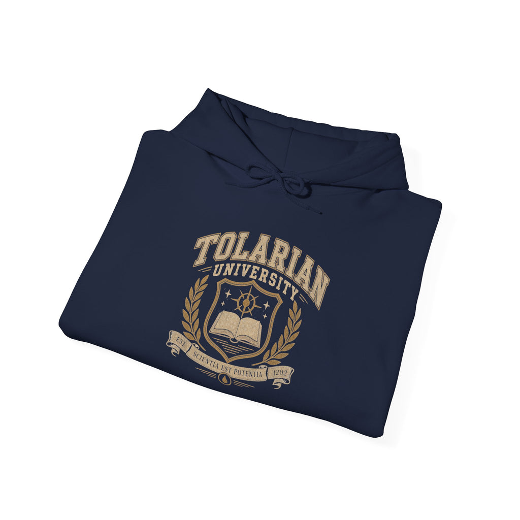 Tolarian University Hoodie — Vintage Magic School Crest Pullover