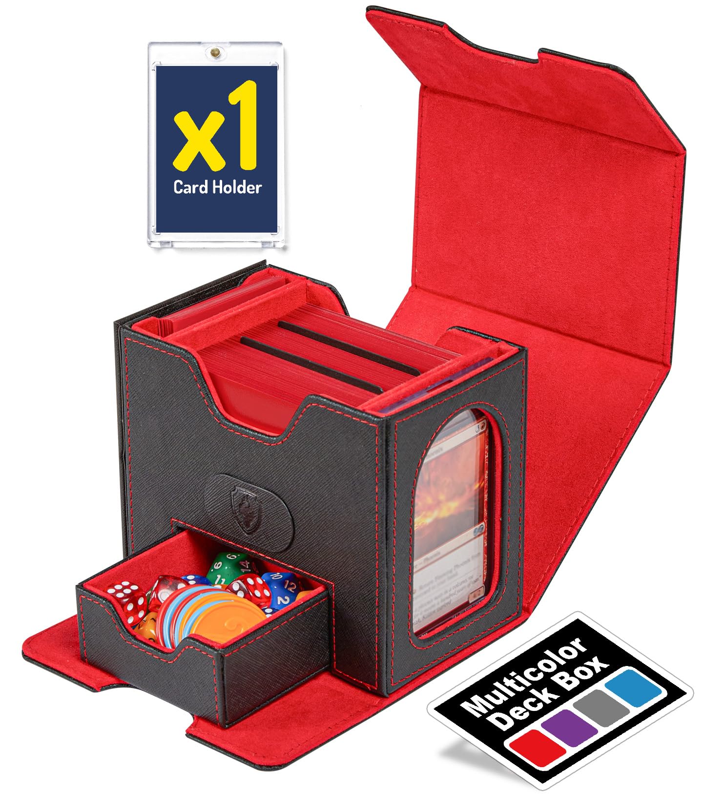 Fabmaker Deck Box for MTG Commander 4-in-1 Magic Card Storage Box Commander Display Fits 100 Double-Sleeved Cards Large Card Box for Magic the Gathering with 2 Divider & 35pt Holder Red