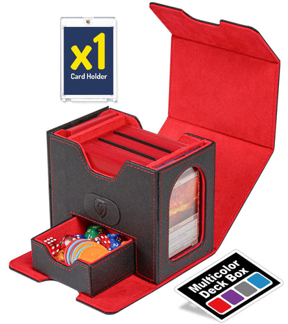 Fabmaker Deck Box for MTG Commander 4-in-1 Magic Card Storage Box Commander Display Fits 100 Double-Sleeved Cards Large Card Box for Magic the Gathering with 2 Divider & 35pt Holder Red