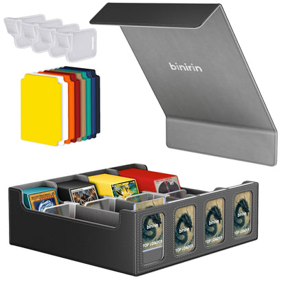 binirin Trading Card Storage Box for Commander Display 3000+ MTG Deck Box with 4 Toploaders & Card Supporters PU Leather Card Deck Case Fits MTG Yugioh TCG Magic Game & Sports Cards (Black&Grey)
