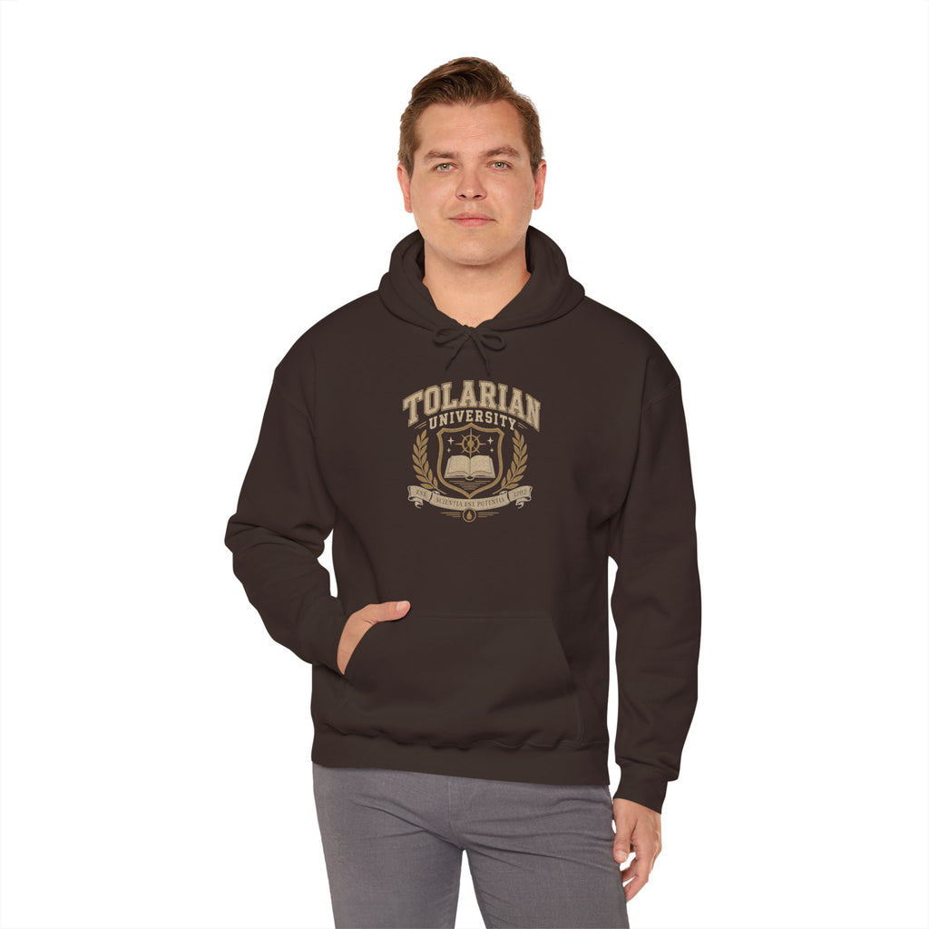 Tolarian University Hoodie — Vintage Magic School Crest Pullover