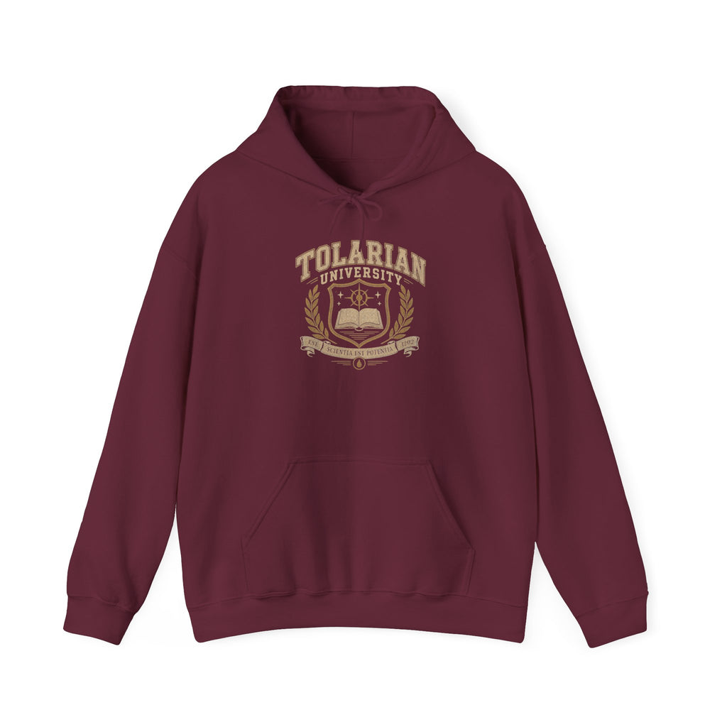 Tolarian University Hoodie — Vintage Magic School Crest Pullover