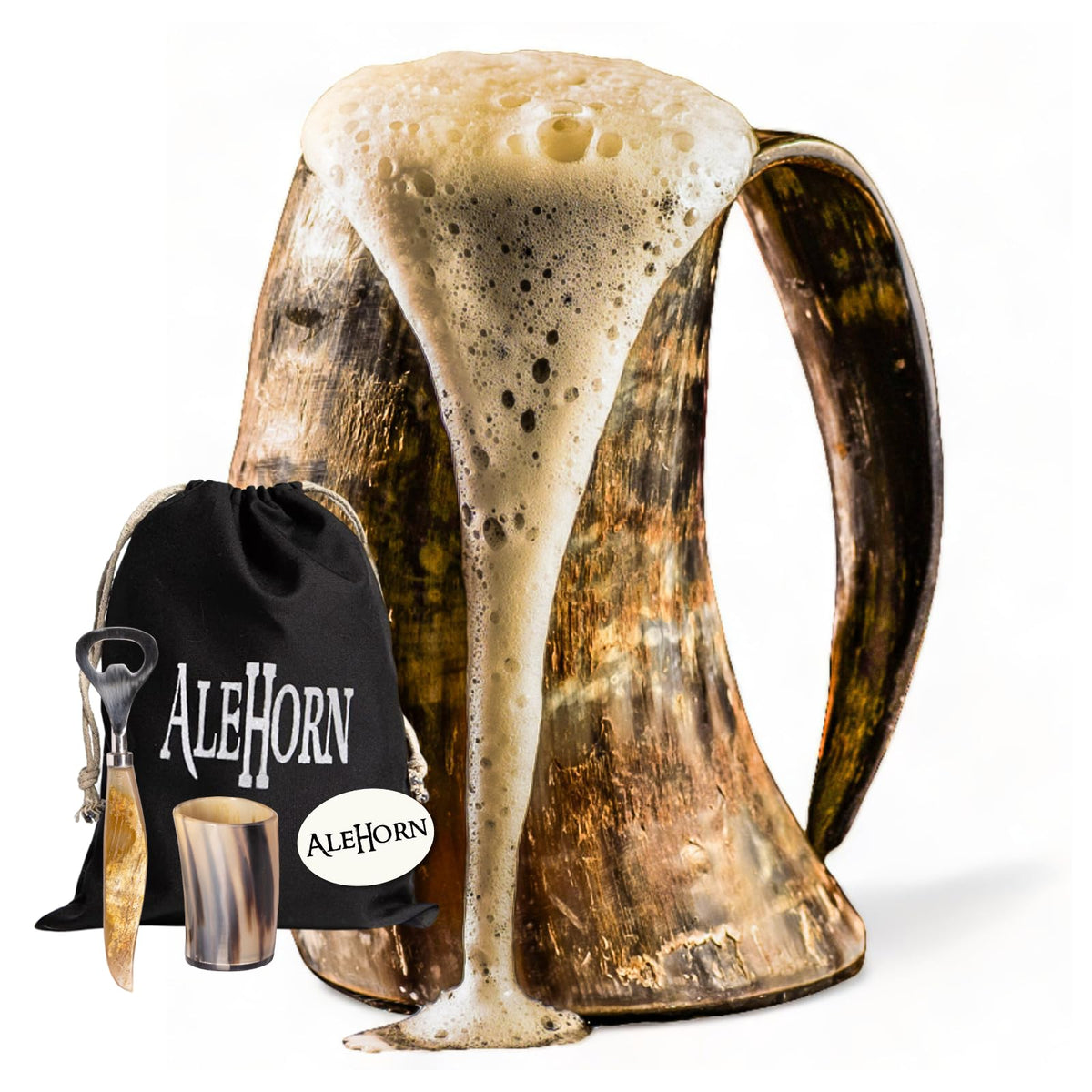 AleHorn Viking Horn Mug Shot Glass and Bottle Opener Bundle | Viking Drinking Horn Set | Viking Horn Cup Viking Mug Gift Ideas For Him - Viking Drinking Horn Mug Set for Beer Ale or Mead - 16 oz
