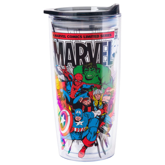 Silver Buffalo Retro Marvel Comics Avengers Double Wall Travel Tumbler with Slide Close Lid Spider-Man Captain America Thor Hulk and Iron Man 20 Ounces