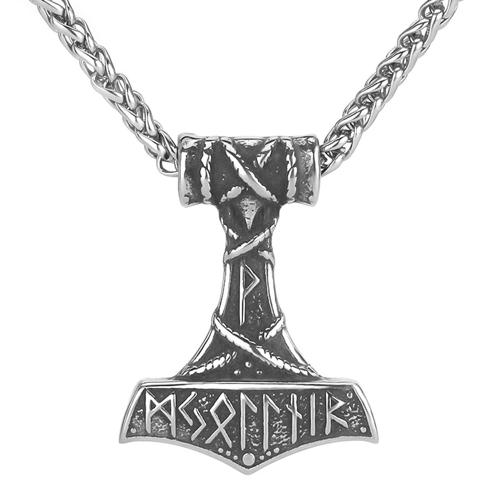 LOBON Viking Thor Hammer Necklace Nordic Vegvisir Valknut Symbol Pendant Stainless Steel Norwegian Amulet Jewelry Gift for Men Women