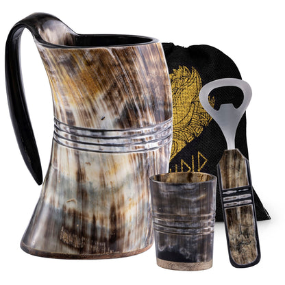 FENRIR Viking Drinking Horn Mug Set - 16 oz With Shot Glass | Viking Gifts for Men & Women | Bottle Opener | Unique Handmade | Norse Viking Horn Cup For Beer Ale Mead - The Ring Natural Polished