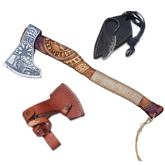 viking axe - Custom Handmade Stainless Steel Viking Axe Gorgeous style ax Ash Wood Handle with leather sheath beautiful art on head and Handle (Viking Axe real)